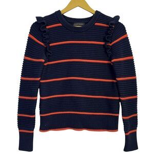 Banana Republic Size M Navy Striped Crewneck Ruffle Chunky Knit Sweater Preppy